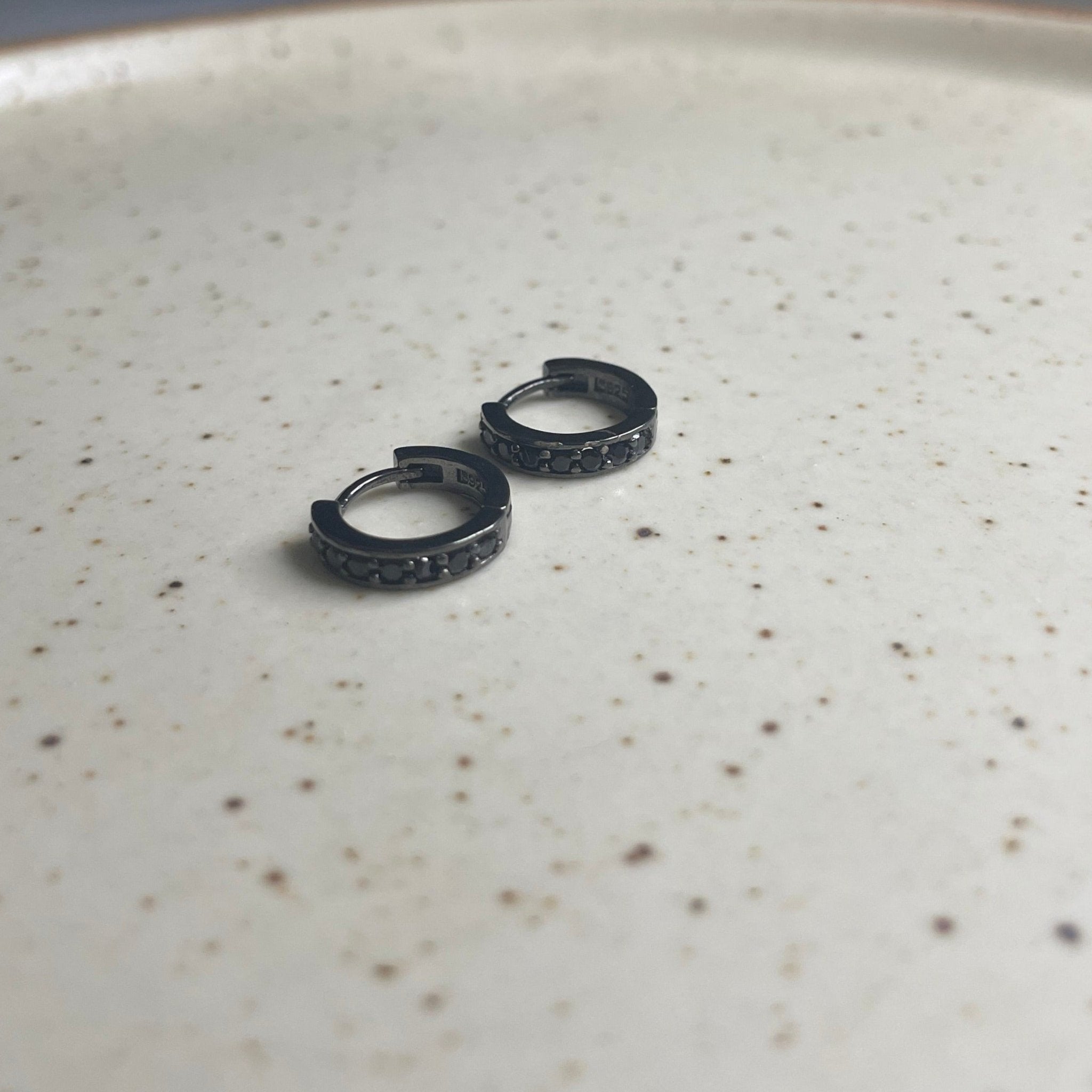 Black Stone Huggie Hoops Small | Silver Jewellery by Gulaal Jewels