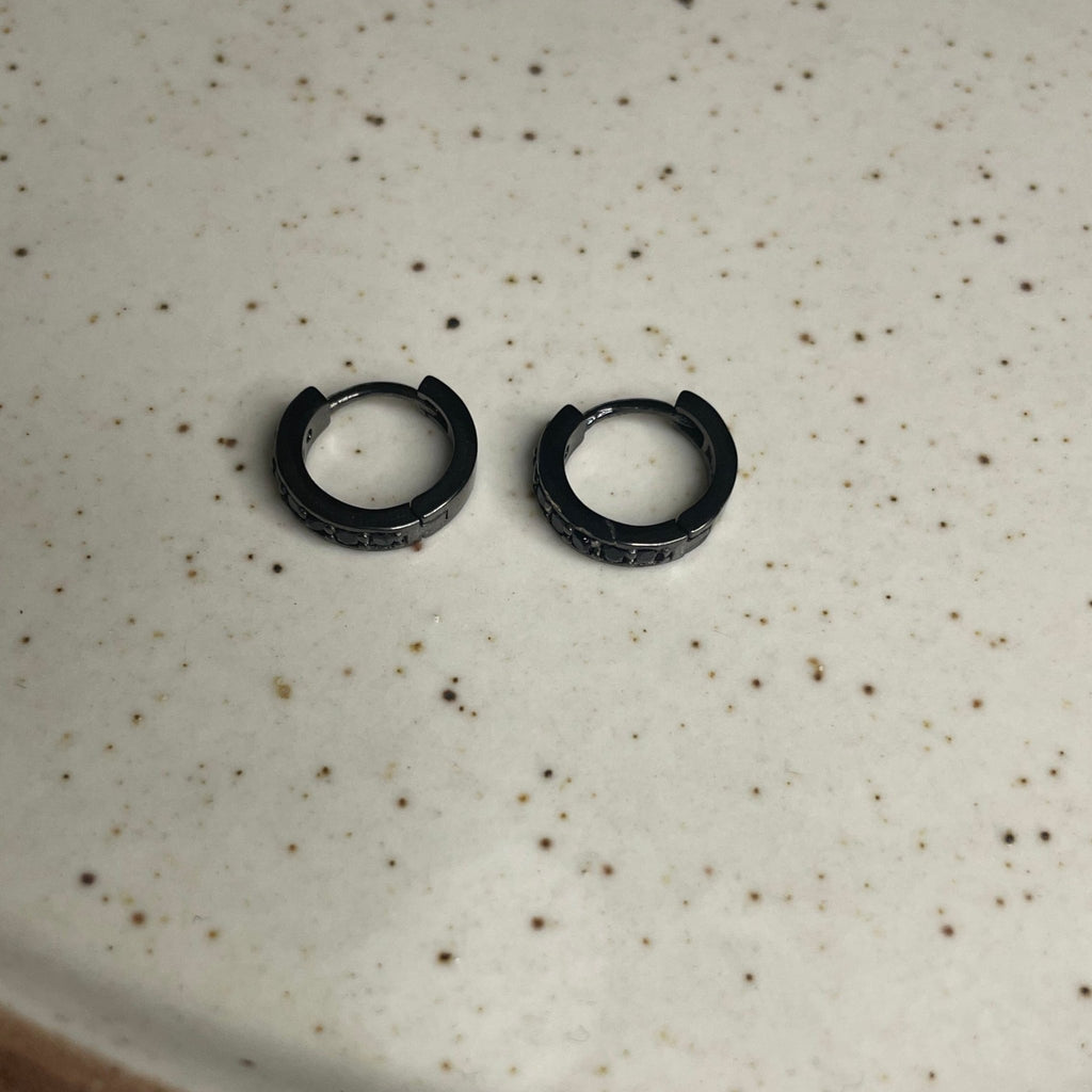 Black Stone Huggie Hoops Small | Silver Jewellery by Gulaal Jewels
