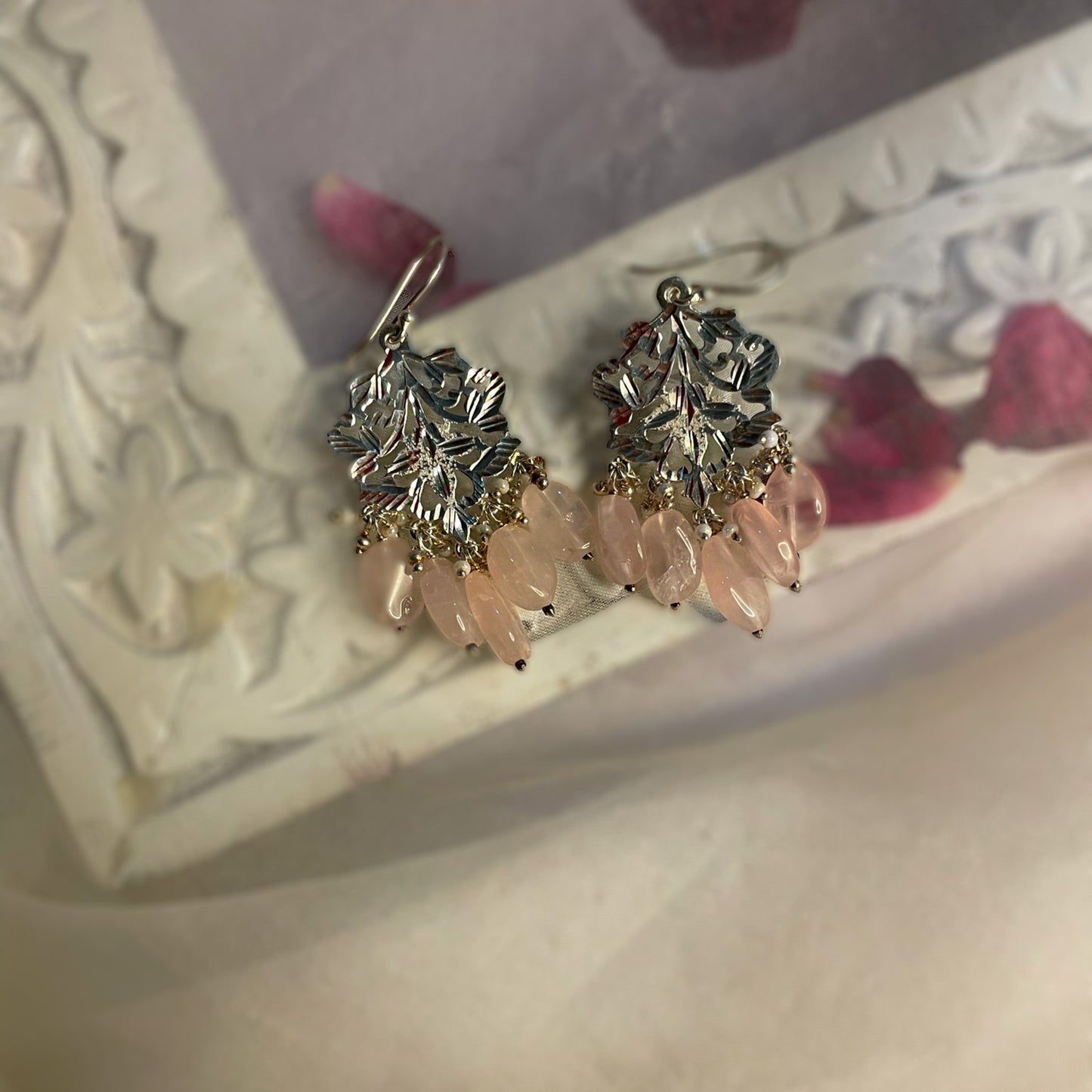 Sarah Rose Quartz - Shiny Silver Earrings