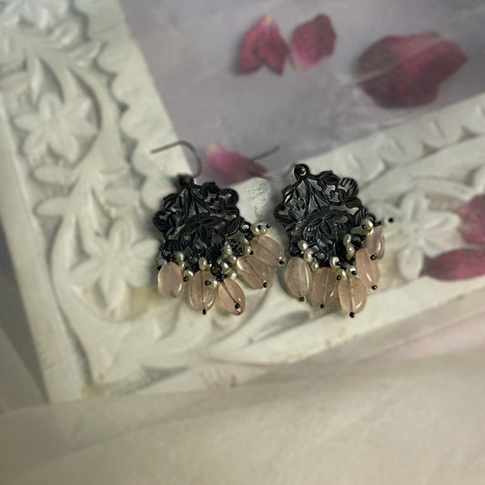 Sarah Rose Quartz- Oxidized Earrings