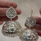 Tokri with magenta stones- Shiny Silver Jhumka