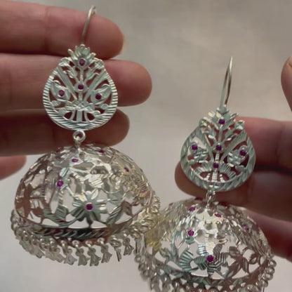 Tokri with magenta stones- Shiny Silver Jhumka