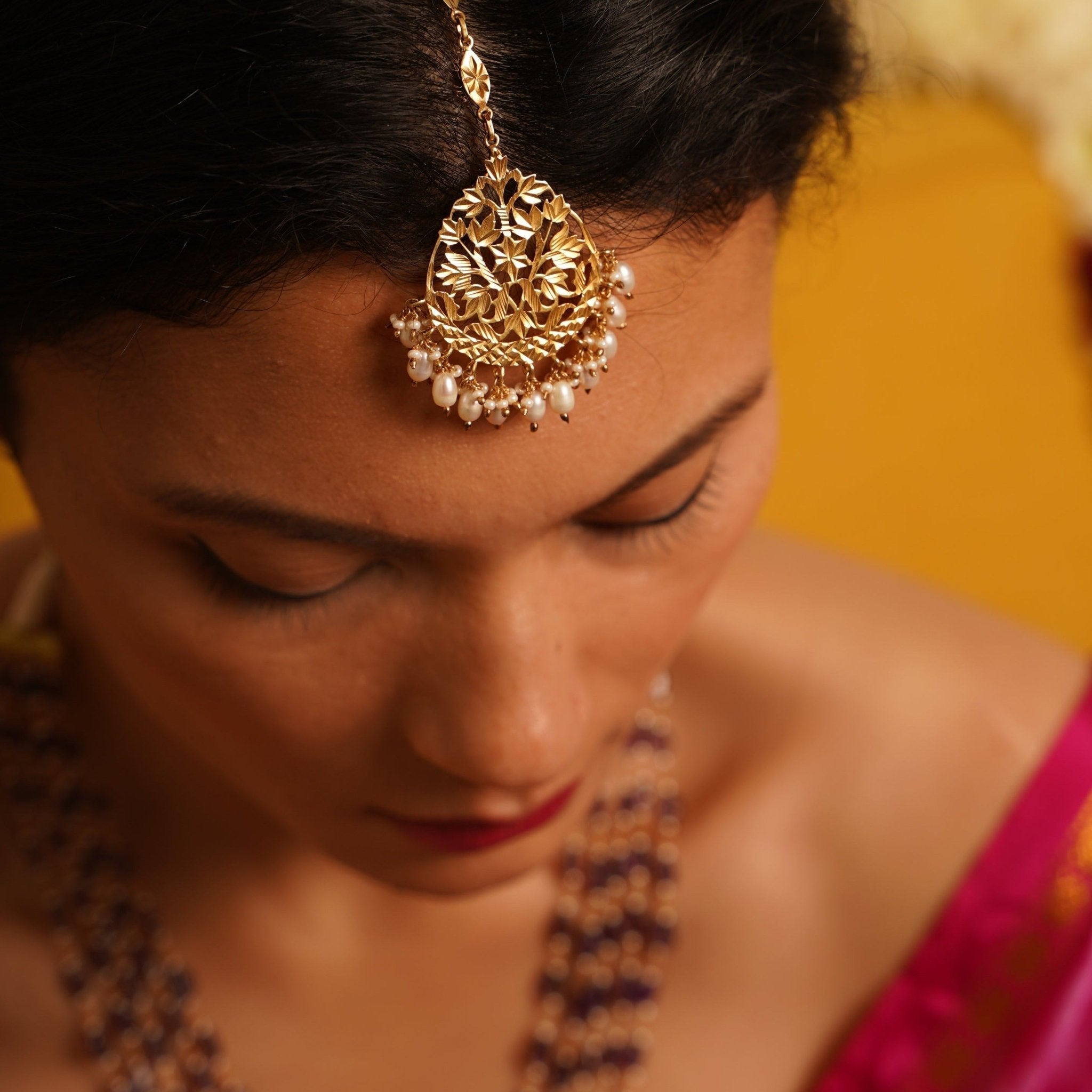 Leela Pearls - 22K Gold Plated Mang Teeka | Silver Jewellery by Gulaal Jewels